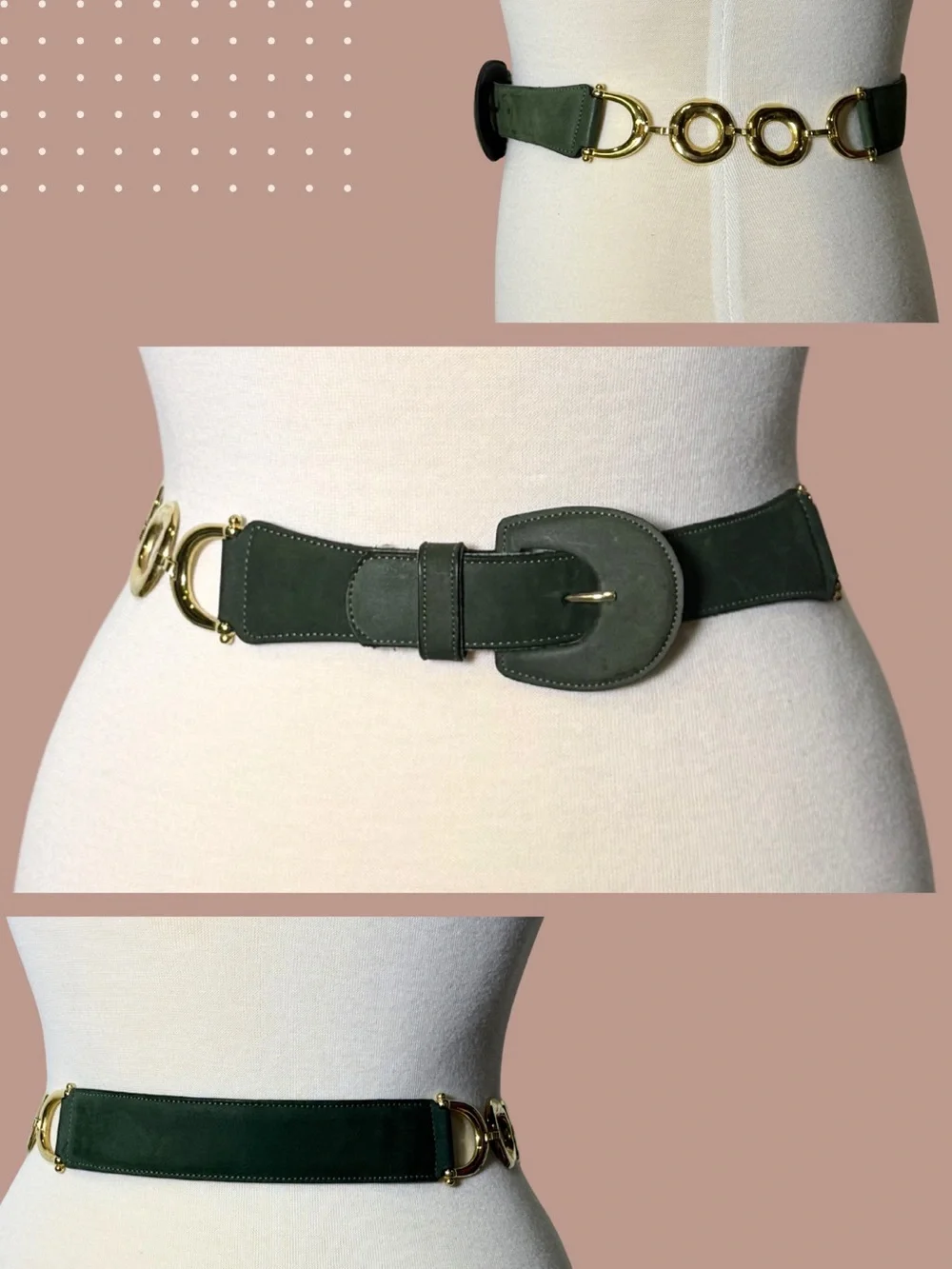 Medicis France Statement Belt Green Leather Gold Link Vintage small/medium 31 in